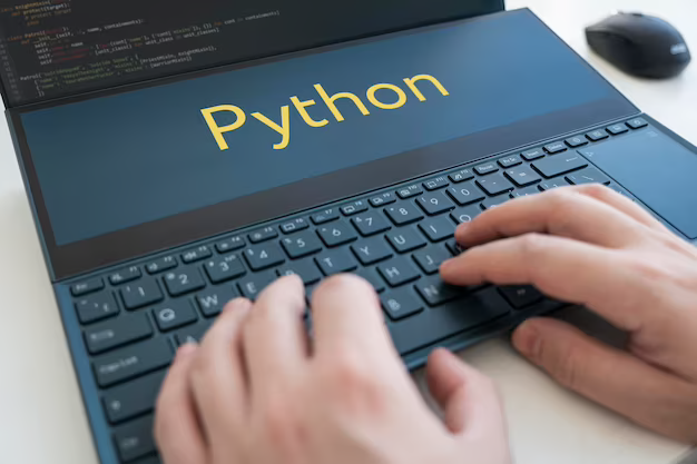 A programmer writes a program in Python, male hands on a black keyboard