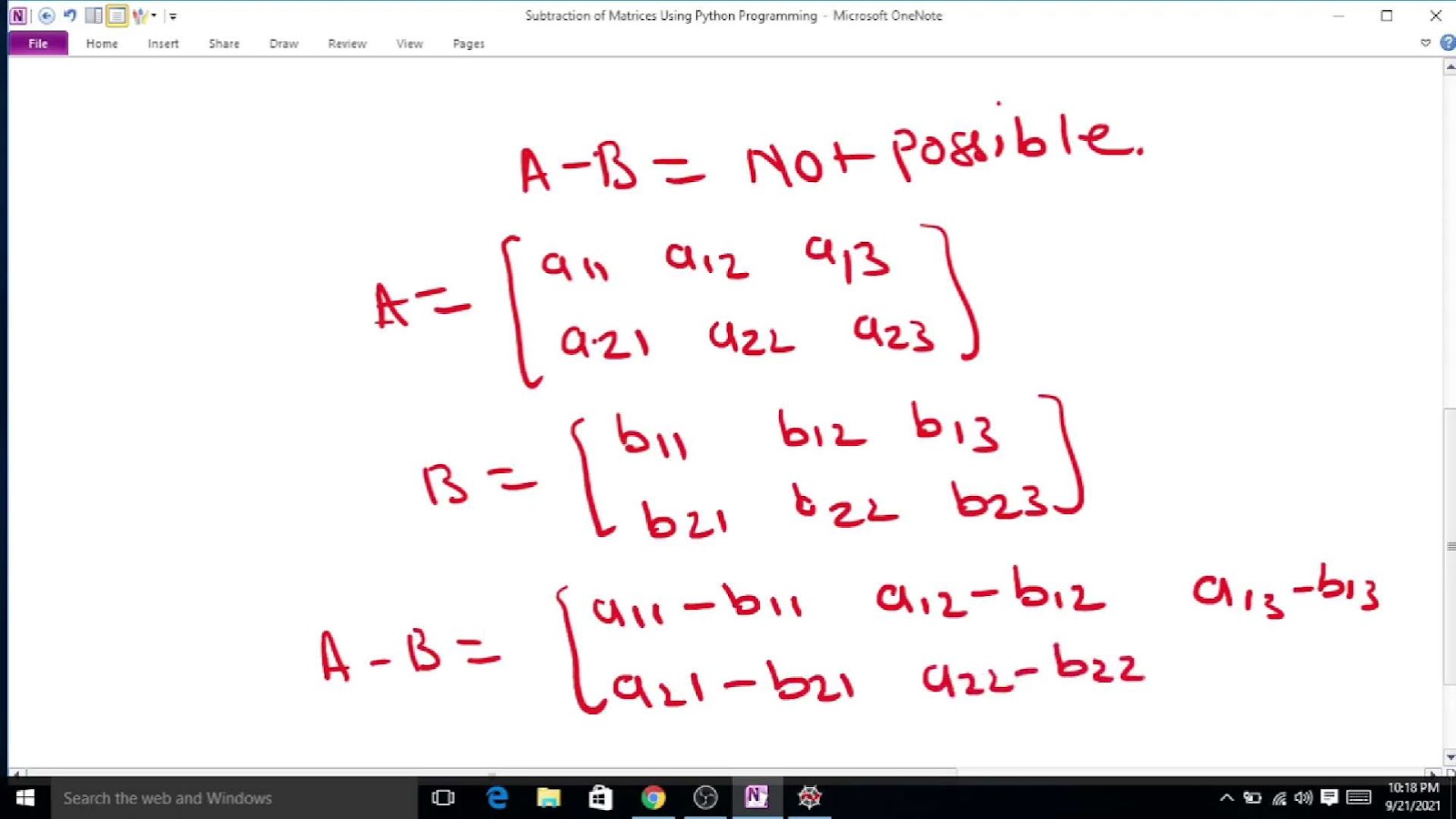 Subtraction of matrices using python programming