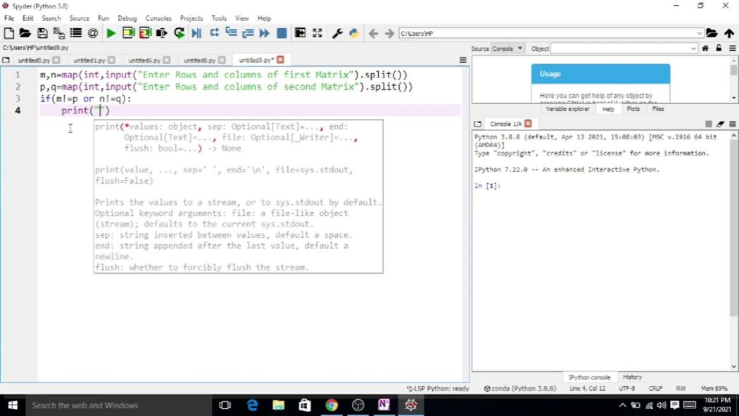Subtraction of matrices using python programming