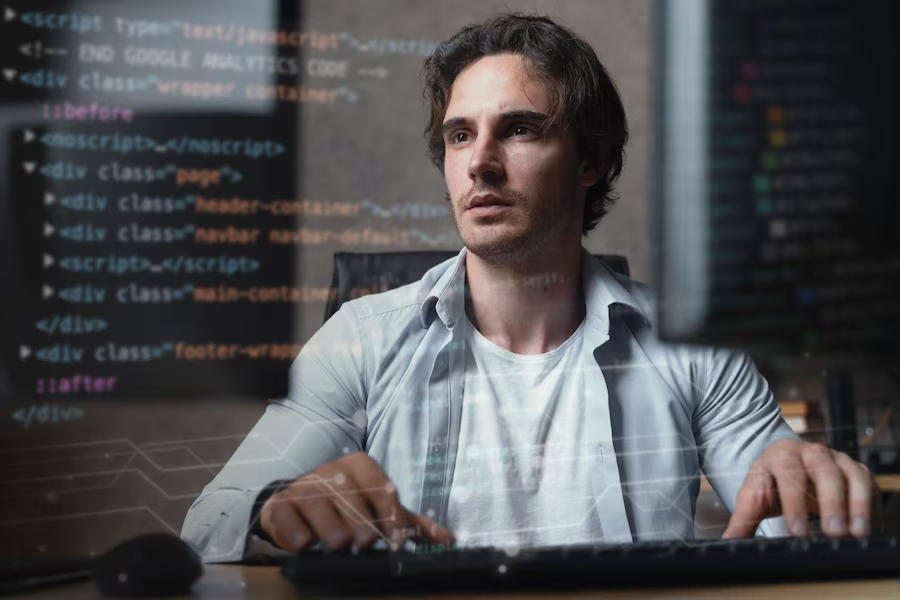A man is engaged in programming