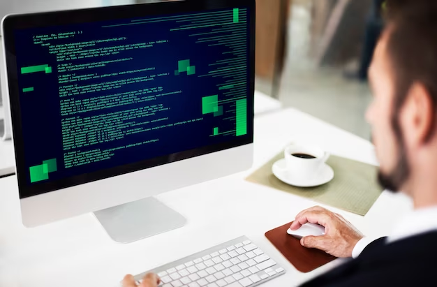 A man is engaged in programming